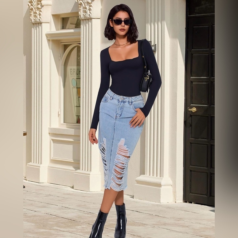 Long Sleeve Bodysuit Square Neck Double Lined Ruched Snap Closure Top size XL - Picture 10 of 10